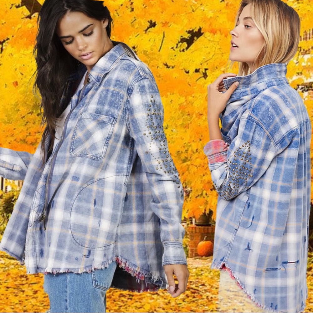 Free People Deconstructed Studded Flannel Shirt Jacket
